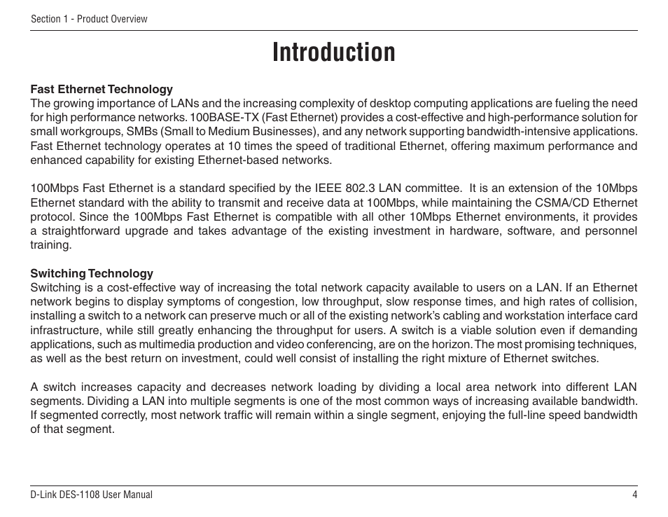 Introduction | D-Link DES-1108 User Manual | Page 4 / 24