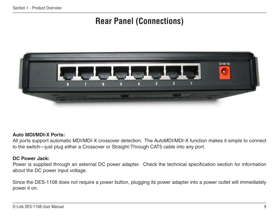 Rear panel (connections) | D-Link DES-1108 User Manual | Page 9 / 24