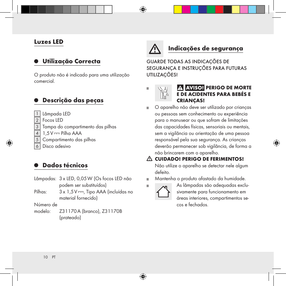 Luzes led utilização correcta, Descrição das peças, Dados técnicos | Indicações de segurança | Livarno Z31170A Z31170B User Manual | Page 10 / 19