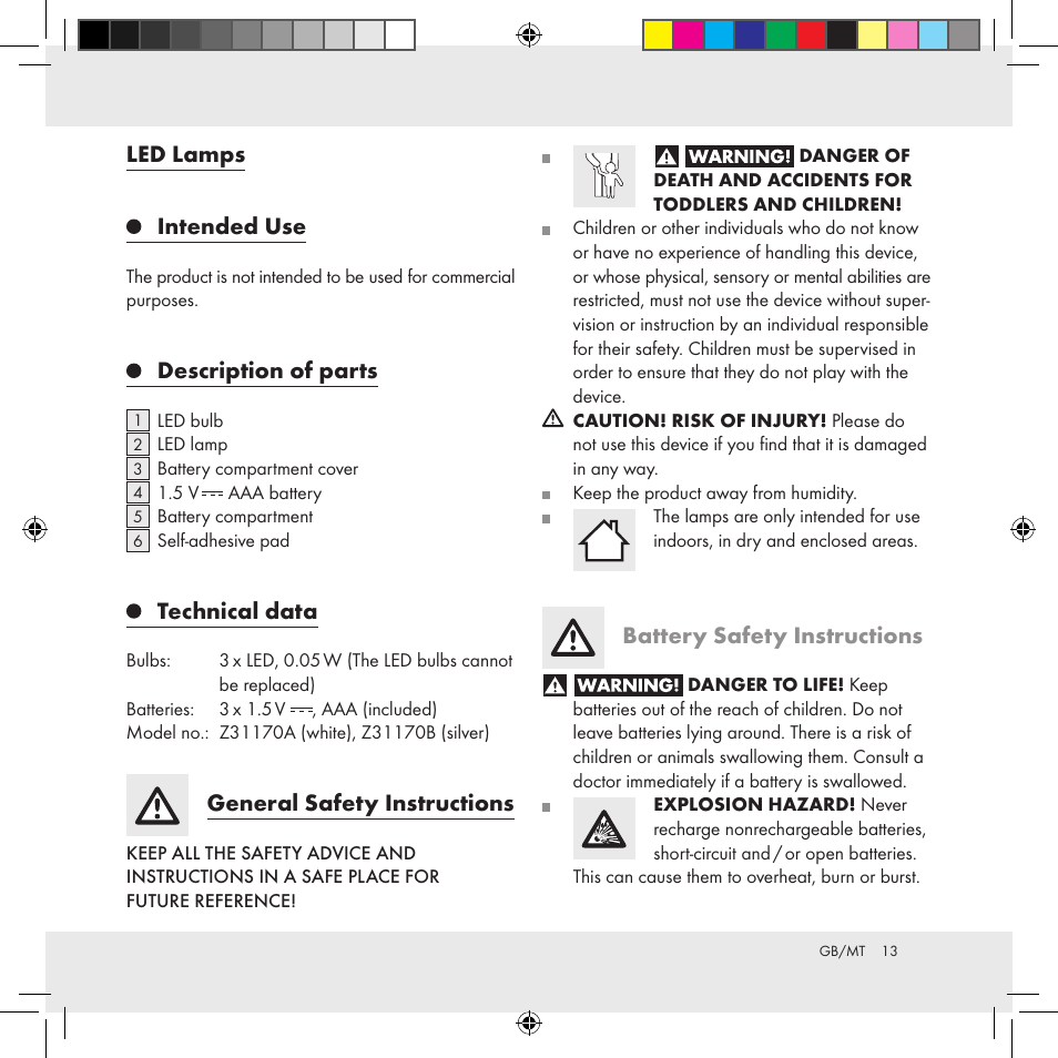 Led lamps, Intended use, Description of parts | Technical data, General safety instructions, Battery safety instructions | Livarno Z31170A Z31170B User Manual | Page 13 / 19