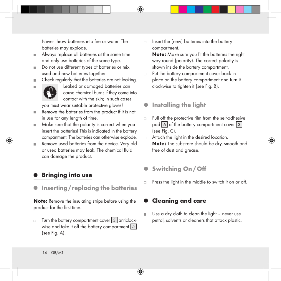 Bringing into use, Inserting / replacing the batteries, Installing the light | Switching on / off, Cleaning and care | Livarno Z31170A Z31170B User Manual | Page 14 / 19