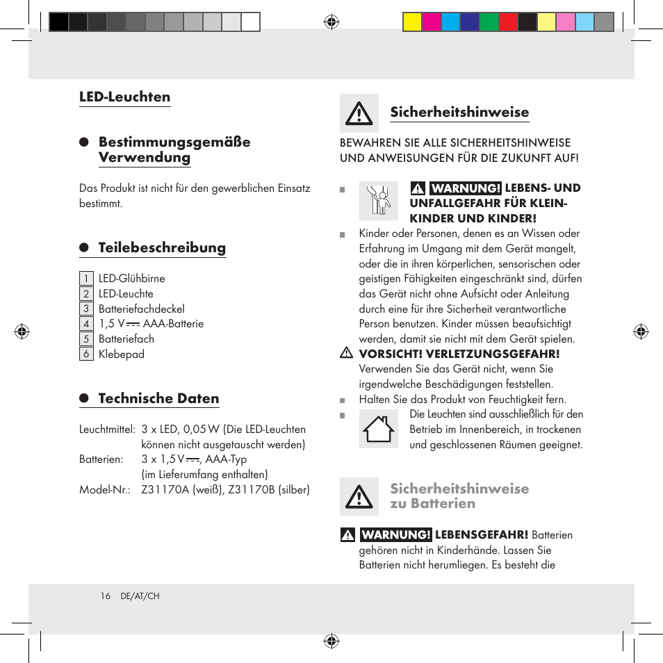 Led-leuchten, Bestimmungsgemäße verwendung, Teilebeschreibung | Technische daten, Sicherheitshinweise, Sicherheitshinweise zu batterien | Livarno Z31170A Z31170B User Manual | Page 16 / 19