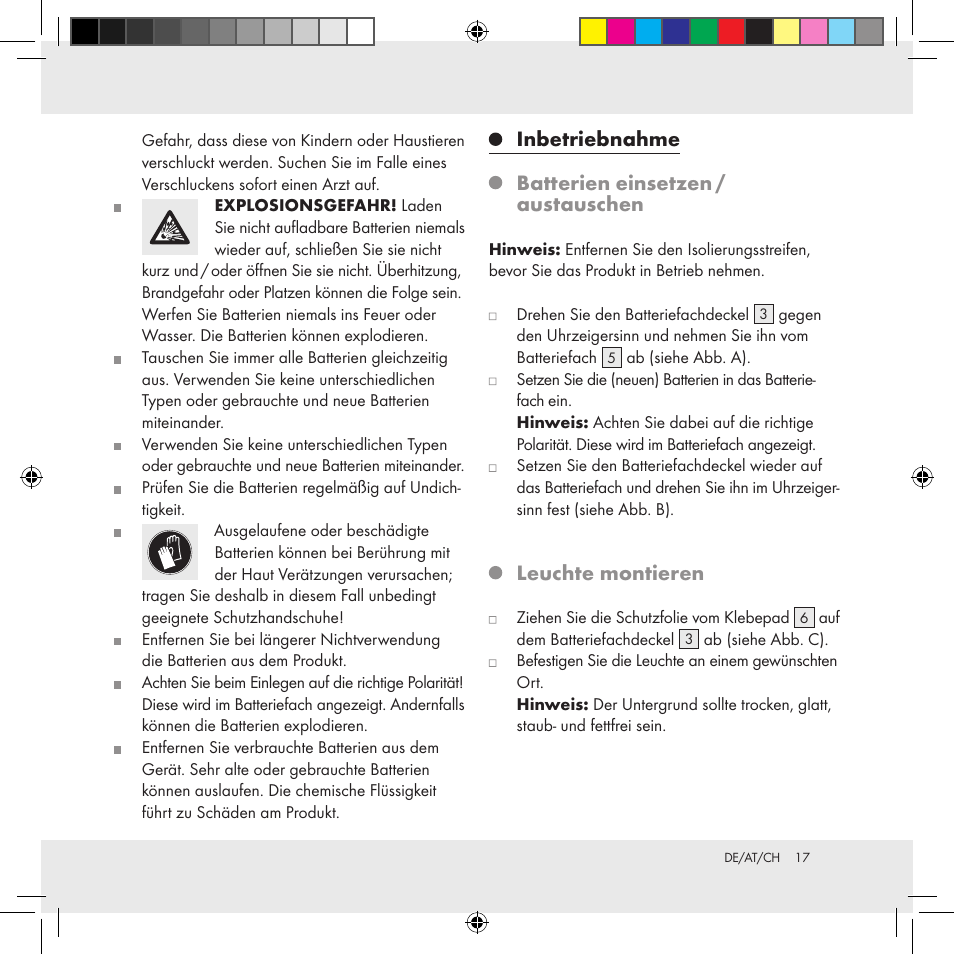 Inbetriebnahme, Batterien einsetzen / austauschen, Leuchte montieren | Livarno Z31170A Z31170B User Manual | Page 17 / 19