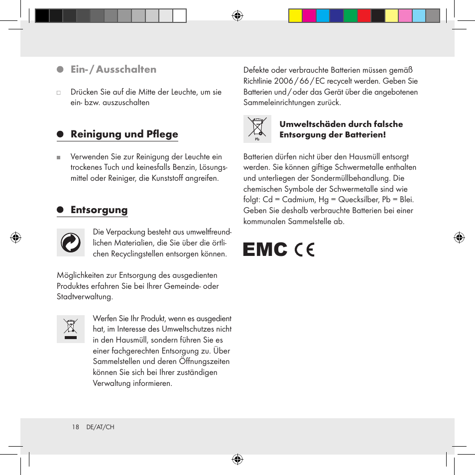 Ein- / ausschalten, Reinigung und pflege, Entsorgung | Livarno Z31170A Z31170B User Manual | Page 18 / 19