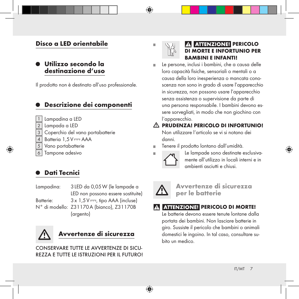 Descrizione dei componenti, Dati tecnici, Avvertenze di sicurezza | Avvertenze di sicurezza per le batterie | Livarno Z31170A Z31170B User Manual | Page 7 / 19