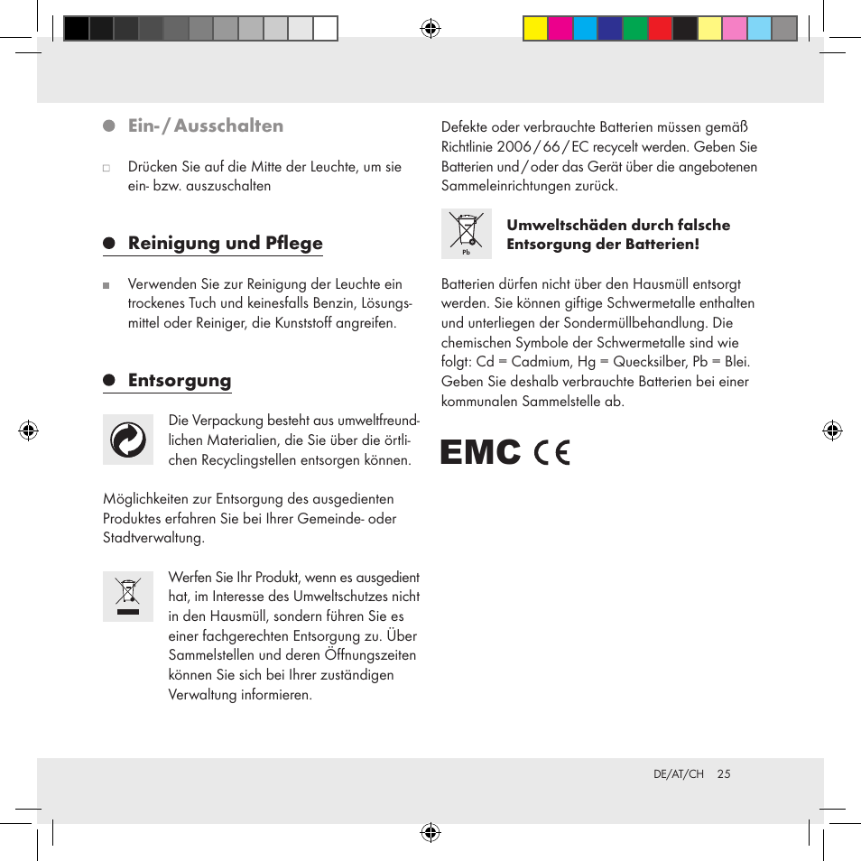 Ein- / ausschalten, Reinigung und pflege, Entsorgung | Livarno Z31170A Z31170B User Manual | Page 25 / 26