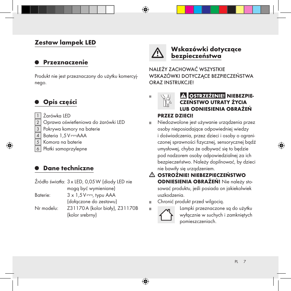 Zestaw lampek led przeznaczenie, Opis części, Dane techniczne | Wskazówki dotyczące bezpieczeństwa | Livarno Z31170A Z31170B User Manual | Page 7 / 26