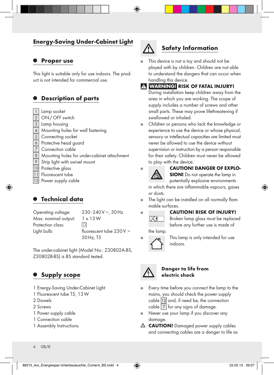 Energy-saving under-cabinet light, Proper use, Description of parts | Technical data, Supply scope, Safety information | Livarno Z30802A-BS Z30802B-BS User Manual | Page 4 / 9