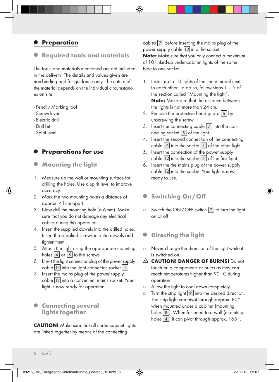 Preparation, Required tools and materials, Preparations for use | Mounting the light, Connecting several lights together, Switching on / off, Directing the light | Livarno Z30802A-BS Z30802B-BS User Manual | Page 6 / 9