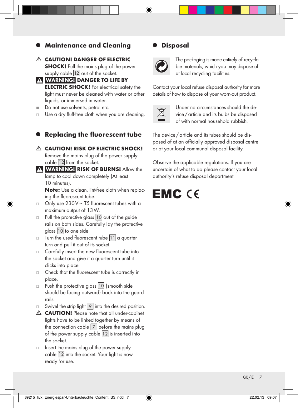 Maintenance and cleaning, Replacing the fluorescent tube, Disposal | Livarno Z30802A-BS Z30802B-BS User Manual | Page 7 / 9