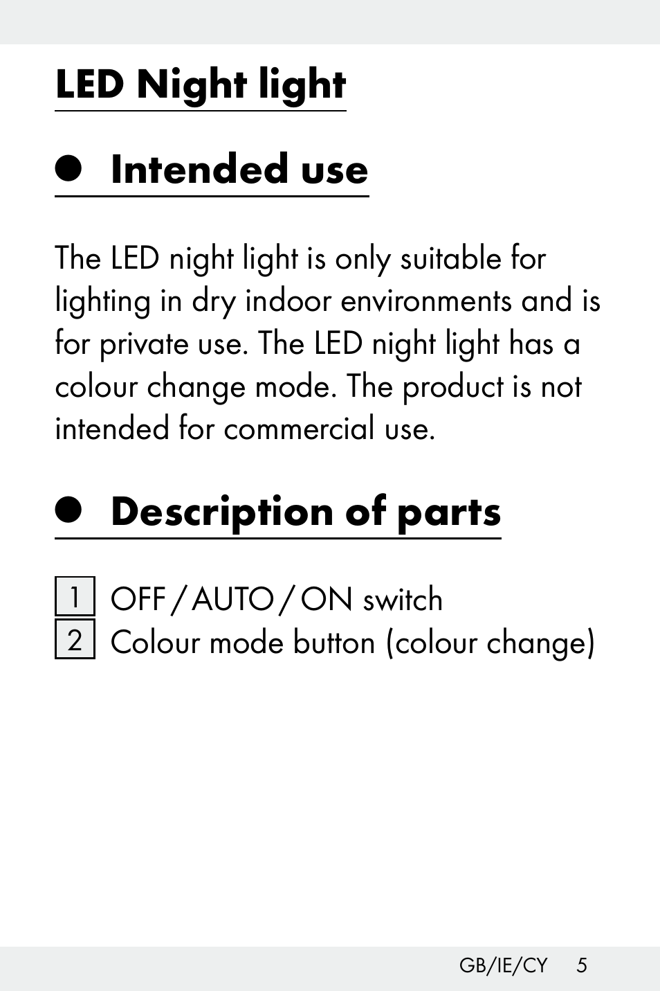 Led night light, Intended use, Description of parts | Livarno Z31499A-BS User Manual | Page 5 / 24