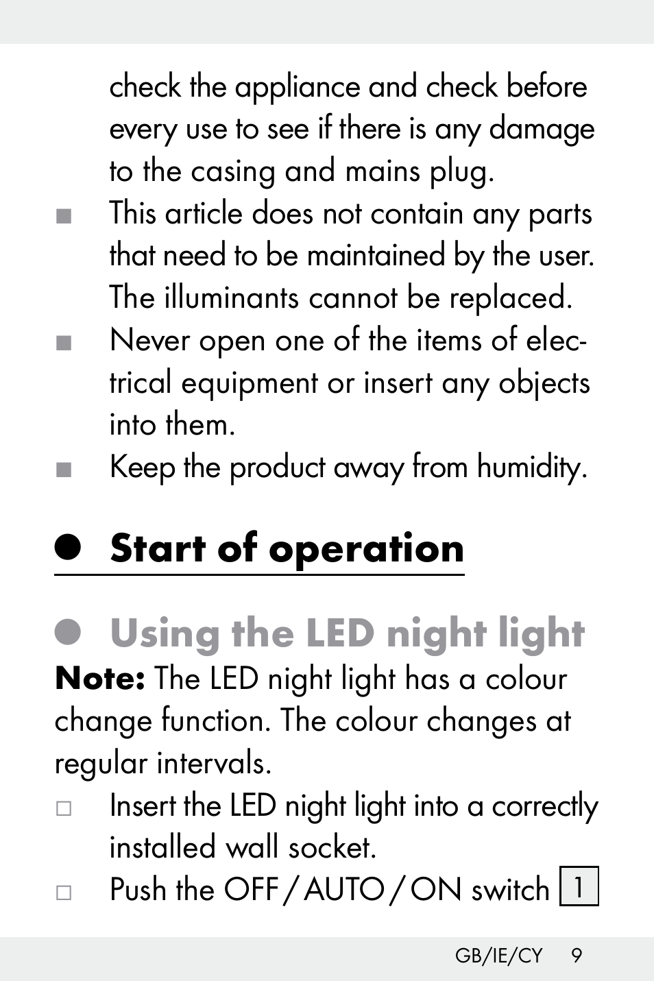 Start of operation, Using the led night light | Livarno Z31499A-BS User Manual | Page 9 / 24