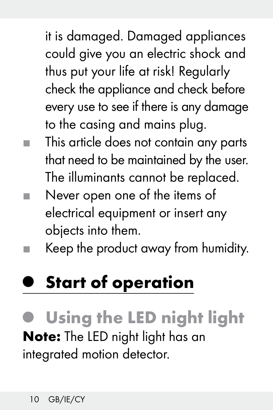 Q start of operation, Q using the led night light, Start of operation | Using the led night light | Livarno Z31499B-BS User Manual | Page 10 / 25