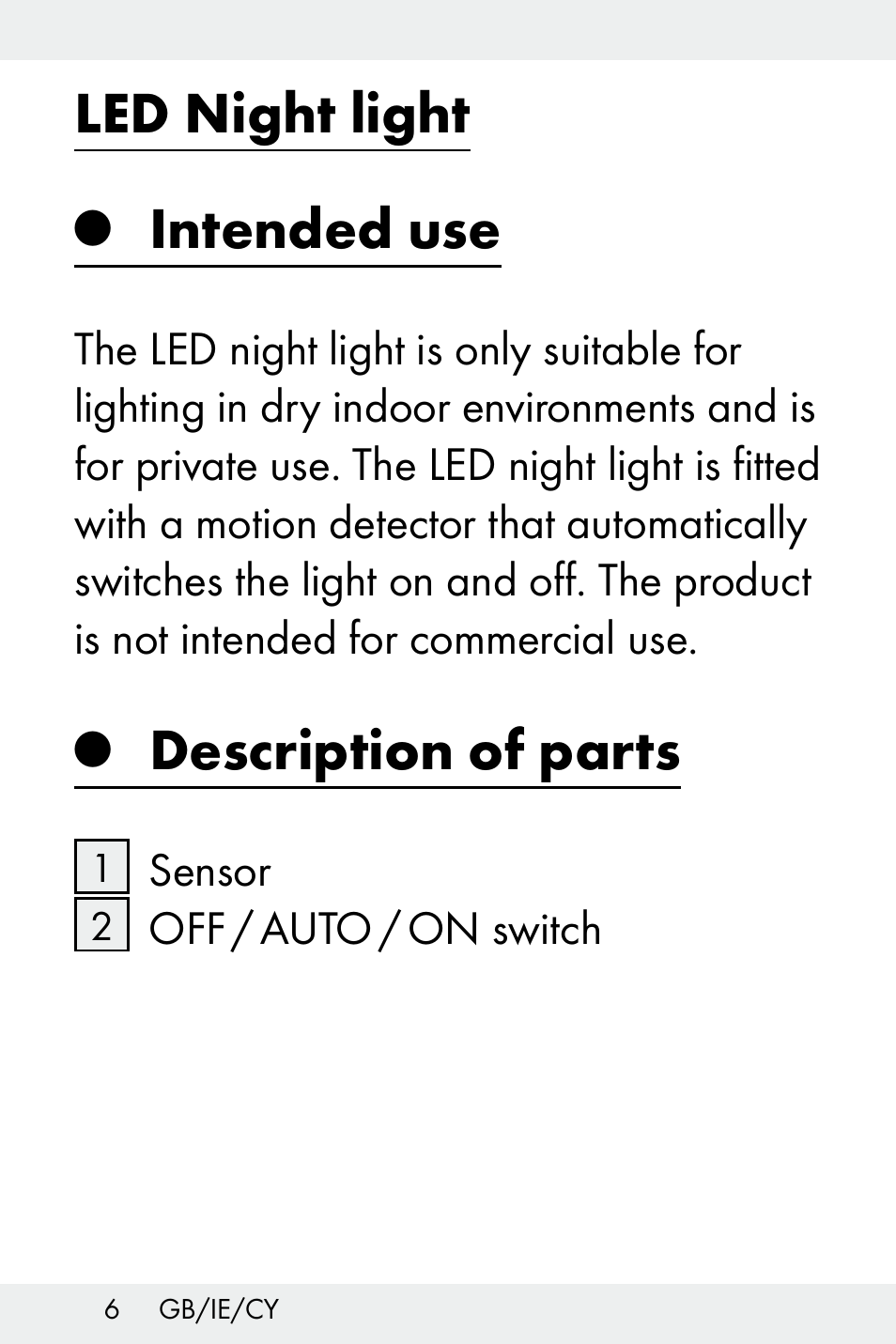 Q intended use, Q description of parts, Intended use | Description of parts, Led night light | Livarno Z31499B-BS User Manual | Page 6 / 25