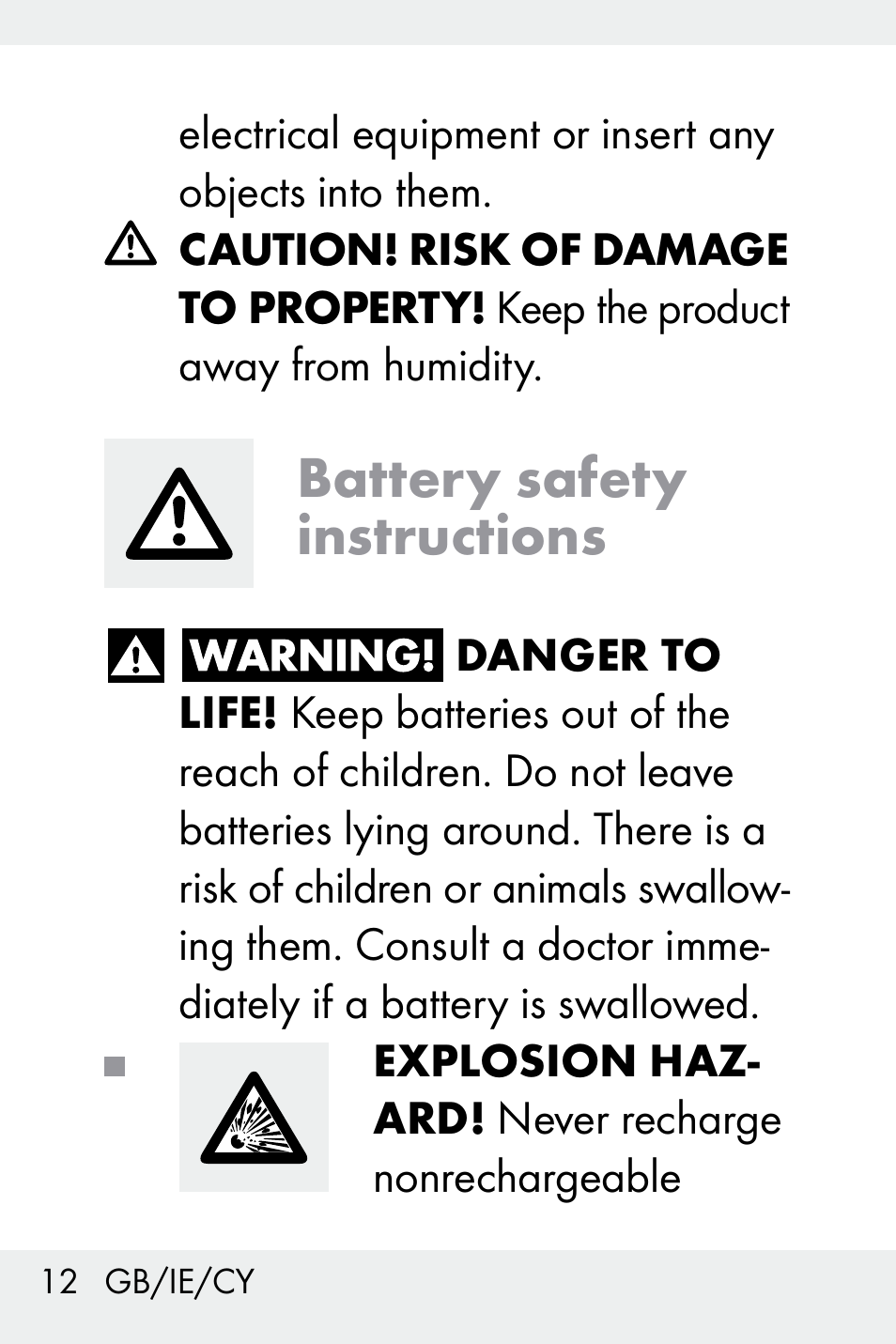 Battery safety instructions | Livarno Z31499C User Manual | Page 12 / 36