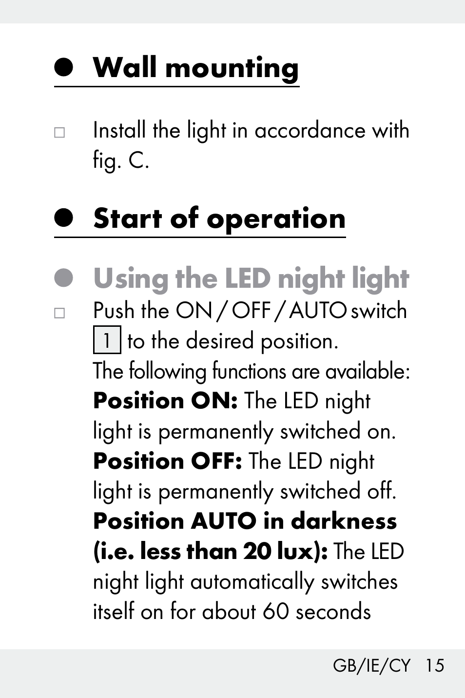 Wall mounting, Start of operation, Using the led night light | Start of operation using the led night light | Livarno Z31499C User Manual | Page 15 / 36