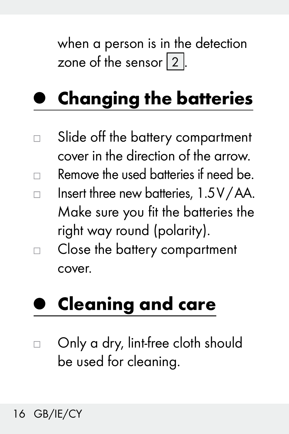 Changing the batteries, Cleaning and care, Changing | Livarno Z31499C User Manual | Page 16 / 36