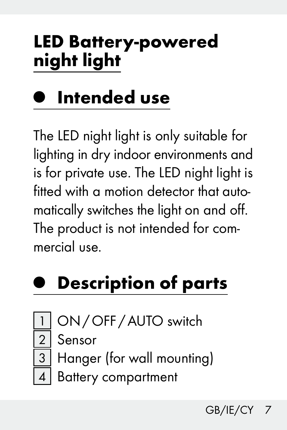 Intended use, Description of parts, Led battery-powered night light intended use | Livarno Z31499C User Manual | Page 7 / 36