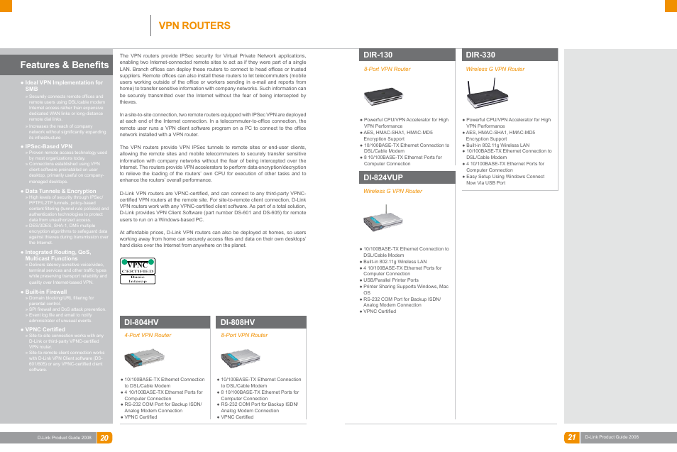 Broadband, Vpn routers, Features & benefits | Di-804hv, Di-808hv, Dir-130, Dir-330, Di-824vup, Vpnc | D-Link DAS-3324G User Manual | Page 10 / 55