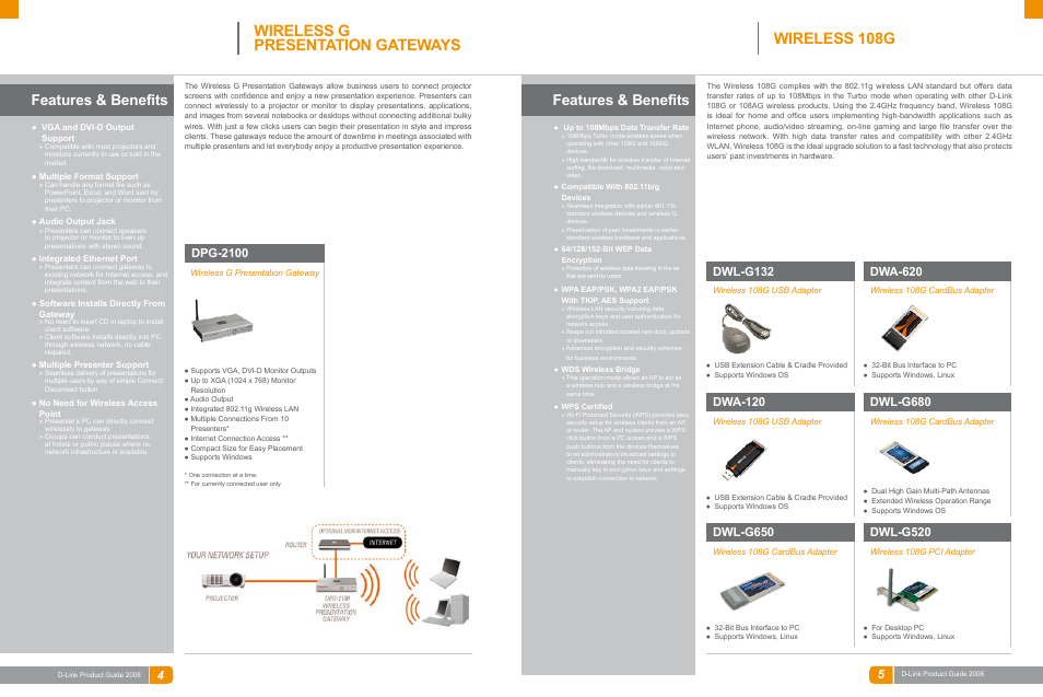 Wireless networking, Wireless g presentation gateways, Wireless 108g | Features & benefits, Dpg-2100, Dwa-120, Dwl-g680, Dwl-g132, Dwa-620, Dwl-g650 | D-Link DAS-3324G User Manual | Page 12 / 55