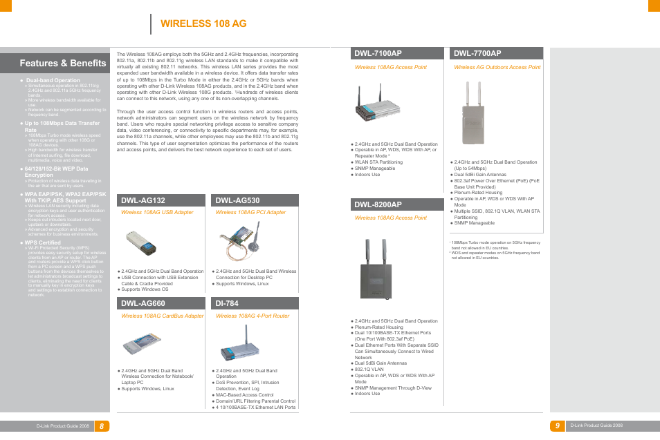 Wireless networking, Wireless 108 ag, Features & benefits | Dwl-ag132, Dwl-ag530, Dwl-ag660, Di-784, Dwl-7100ap, Dwl-7700ap, Dwl-8200ap | D-Link DAS-3324G User Manual | Page 14 / 55