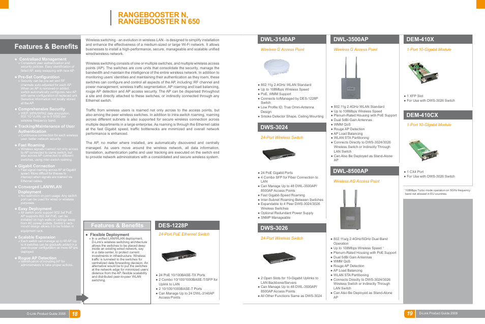 Wireless networking, Rangebooster n, rangebooster n 650, Features & benefits | Dwl-3500ap, Dws-3024, Dws-3026, Dem-410x, Dwl-8500ap, Des-1228p, Dem-410cx | D-Link DAS-3324G User Manual | Page 19 / 55
