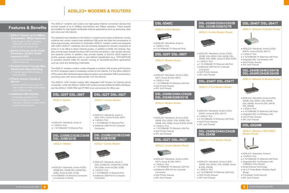 Broadband, Features & benefits, Adsl2/2+ modems & routers | Dsl-5540c, Dsl-g624m | D-Link DAS-3324G User Manual | Page 2 / 55