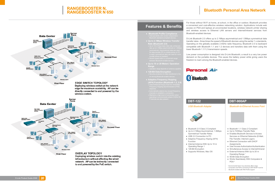 Wireless networking, Rangebooster n, rangebooster n 650, Bluetooth personal area network | Features & benefits, Dbt-122, Dbt-900ap | D-Link DAS-3324G User Manual | Page 20 / 55