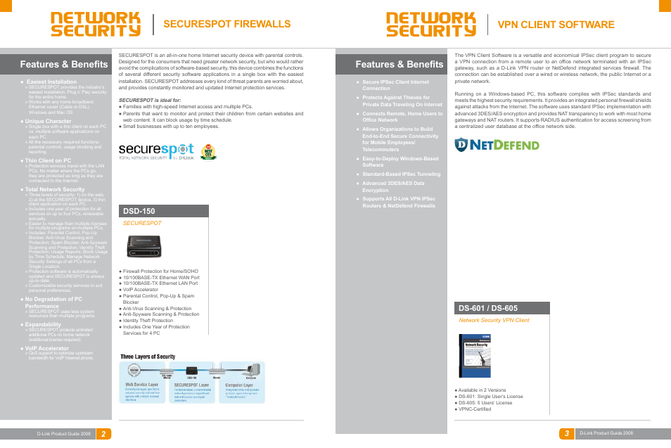 Securespot firewalls, Vpn client software, Features & benefits | Dsd-150 | D-Link DAS-3324G User Manual | Page 22 / 55