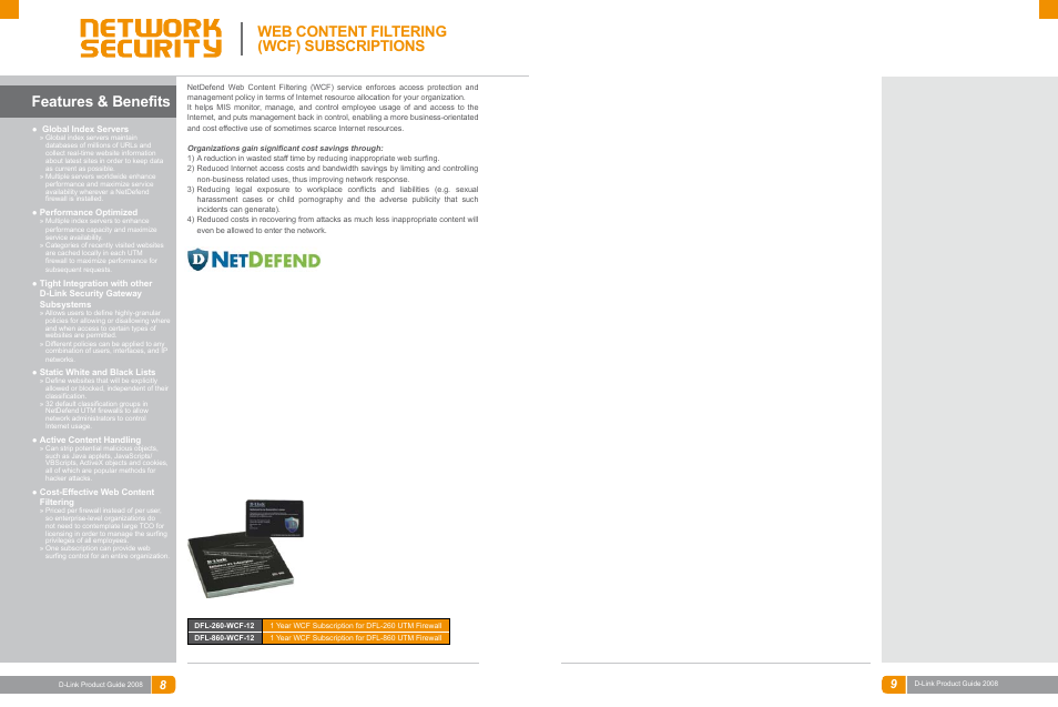 Features & benefits, Web content filtering (wcf) subscriptions | D-Link DAS-3324G User Manual | Page 25 / 55