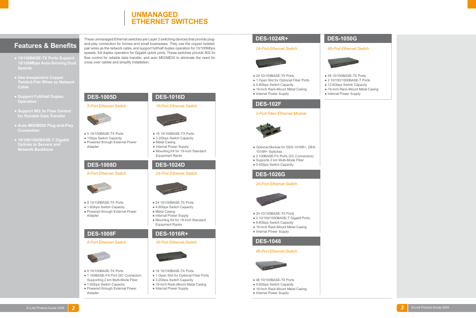 Lan switches, Unmanaged ethernet switches, Features & benefits | Des-1005d, Des-1016d, Des-1008d, Des-1024d, Des-1024r, Des-1050g, Des-102f | D-Link DAS-3324G User Manual | Page 26 / 55