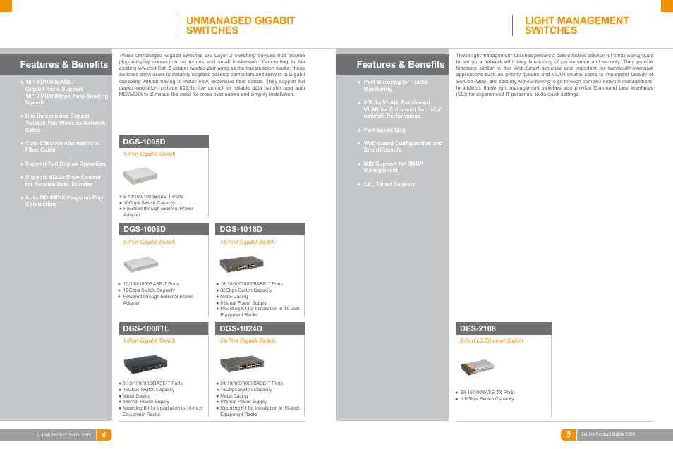 Lan switches, Unmanaged gigabit switches, Light management switches | Features & benefits, Dgs-1005d, Dgs-1008tl, Dgs-1008d, Dgs-1024d, Dgs-1016d, Des-2108 | D-Link DAS-3324G User Manual | Page 27 / 55