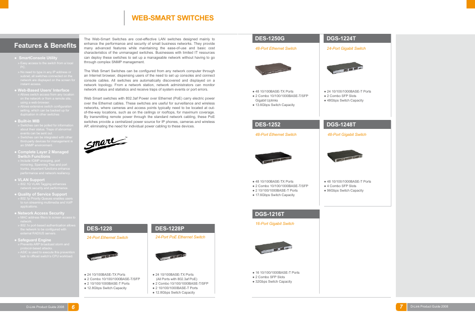 Lan switches, Web-smart switches, Features & benefits | Des-1228, Des-1228p, Des-1250g, Dgs-1224t, Des-1252, Dgs-1216t, Dgs-1248t | D-Link DAS-3324G User Manual | Page 28 / 55
