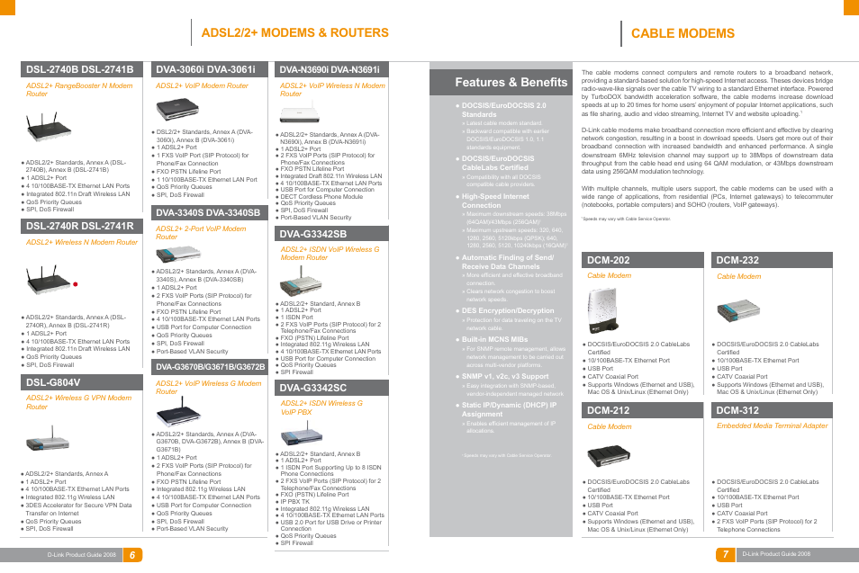 Broadband, Cable modems, Features & benefits | Adsl2/2+ modems & routers, Dsl-g804v, Dva-g3342sb, Dva-g3342sc, Dcm-202, Dcm-232, Dcm-212 | D-Link DAS-3324G User Manual | Page 3 / 55