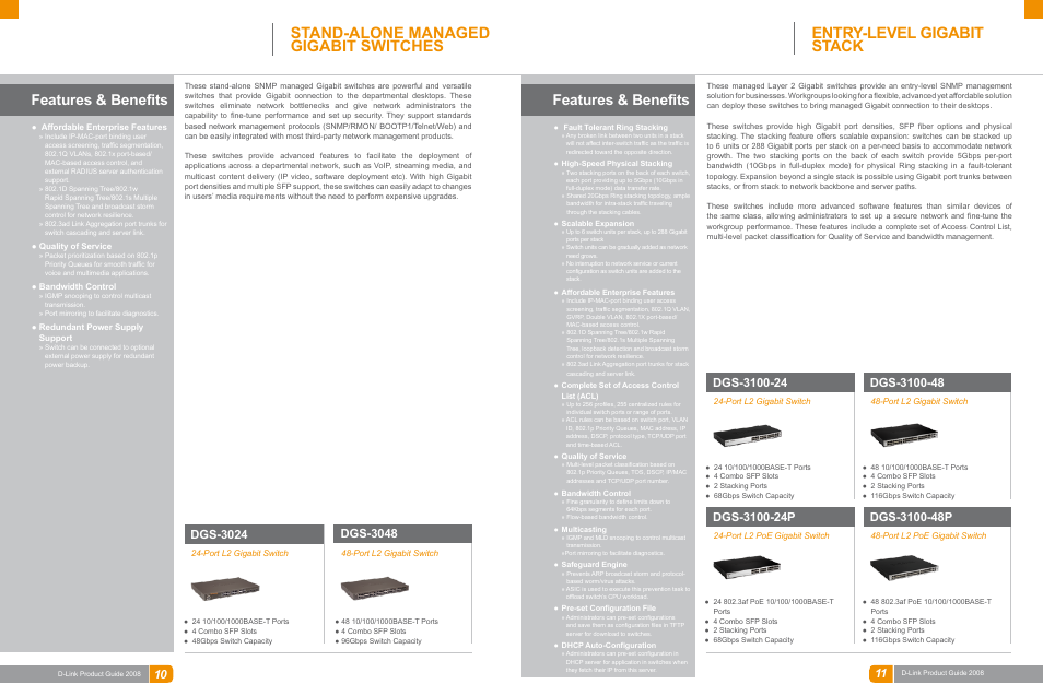 Lan switches, Stand-alone managed gigabit switches, Entry-level gigabit stack | Features & benefits, Dgs-3024, Dgs-3048 | D-Link DAS-3324G User Manual | Page 30 / 55