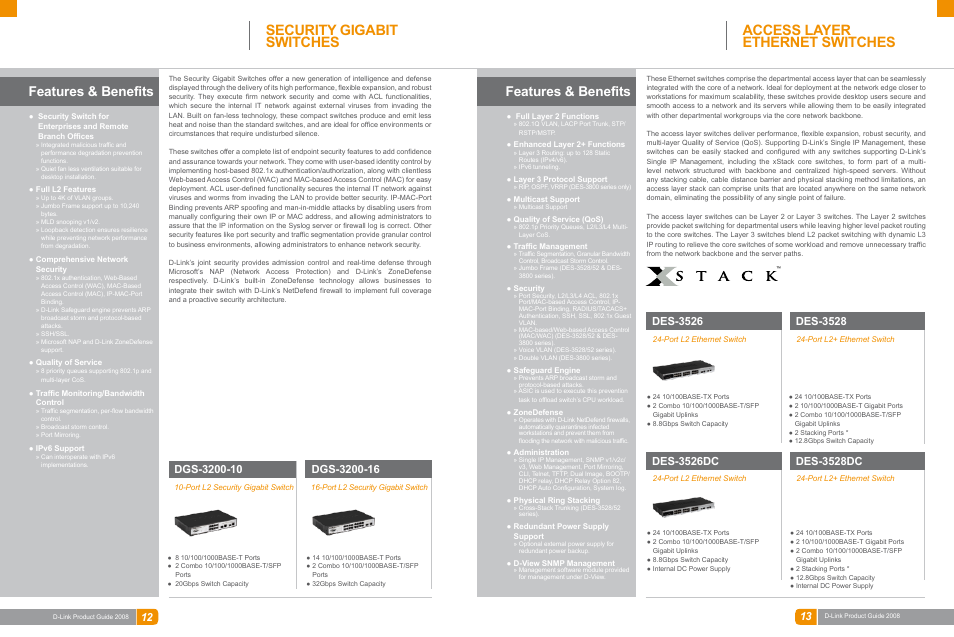 Lan switches, Security gigabit switches, Access layer ethernet switches | Features & benefits, Des-3526dc, Des-3528dc, Des-3526, Des-3528 | D-Link DAS-3324G User Manual | Page 31 / 55