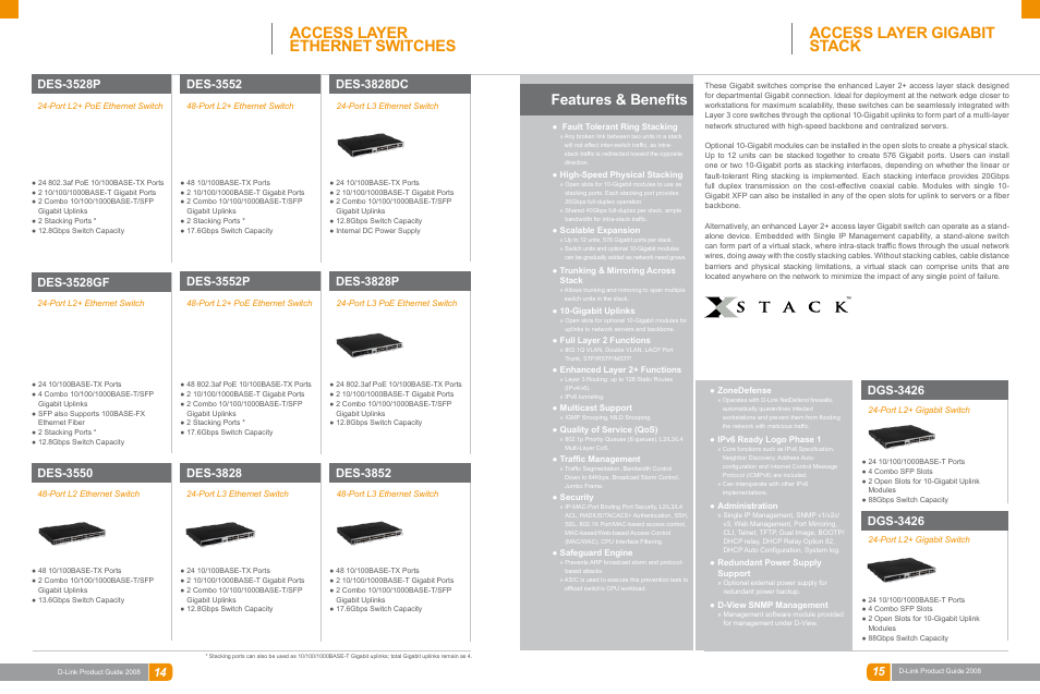 Lan switches, Access layer ethernet switches, Access layer gigabit stack | Features & benefits, Des-3528p, Des-3552, Des-3828dc, Des-3528gf, Des-3550, Des-3552p | D-Link DAS-3324G User Manual | Page 32 / 55