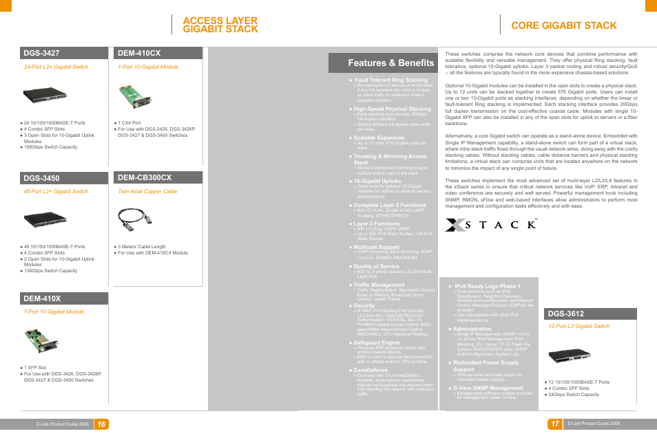 Lan switches, Access layer gigabit stack core gigabit stack, Features & benefits | Dem-410cx, Dgs-3450, Dem-410x, Dem-cb300cx, Dgs-3612 | D-Link DAS-3324G User Manual | Page 33 / 55