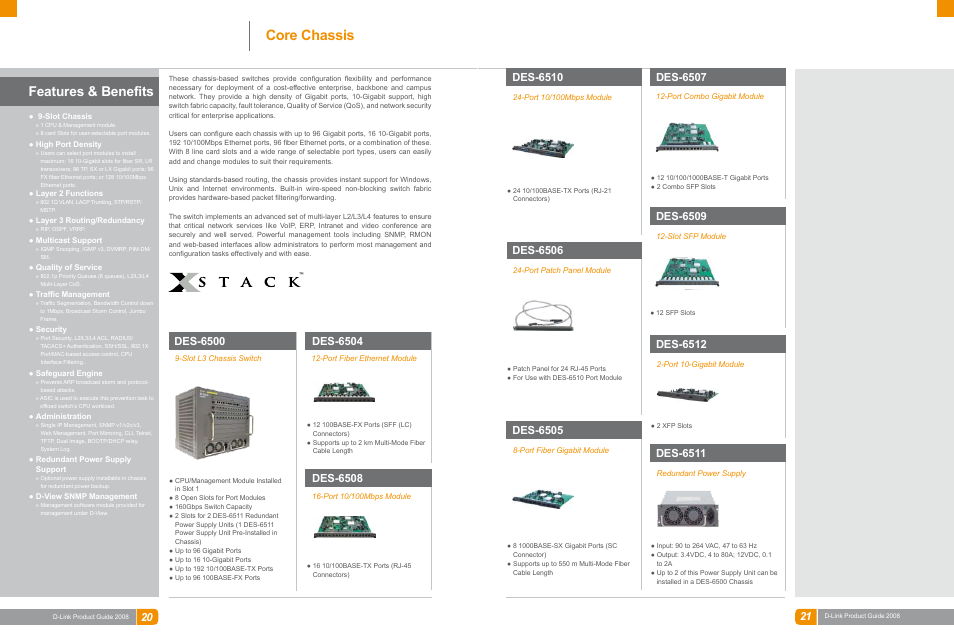 Lan switches, Core chassis, Features & benefits | Des-6510, Des-6507, Des-6506, Des-6505, Des-6509, Des-6512, Des-6511 | D-Link DAS-3324G User Manual | Page 35 / 55