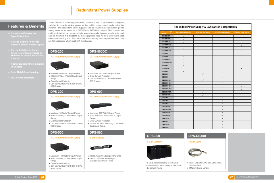 Lan switches, Redundant power supplies, Features & benefits | Dps-900, Dps-cb400, Dps-600, Dps-500dc, Dps-300, Dps-200, Dps-800 | D-Link DAS-3324G User Manual | Page 38 / 55