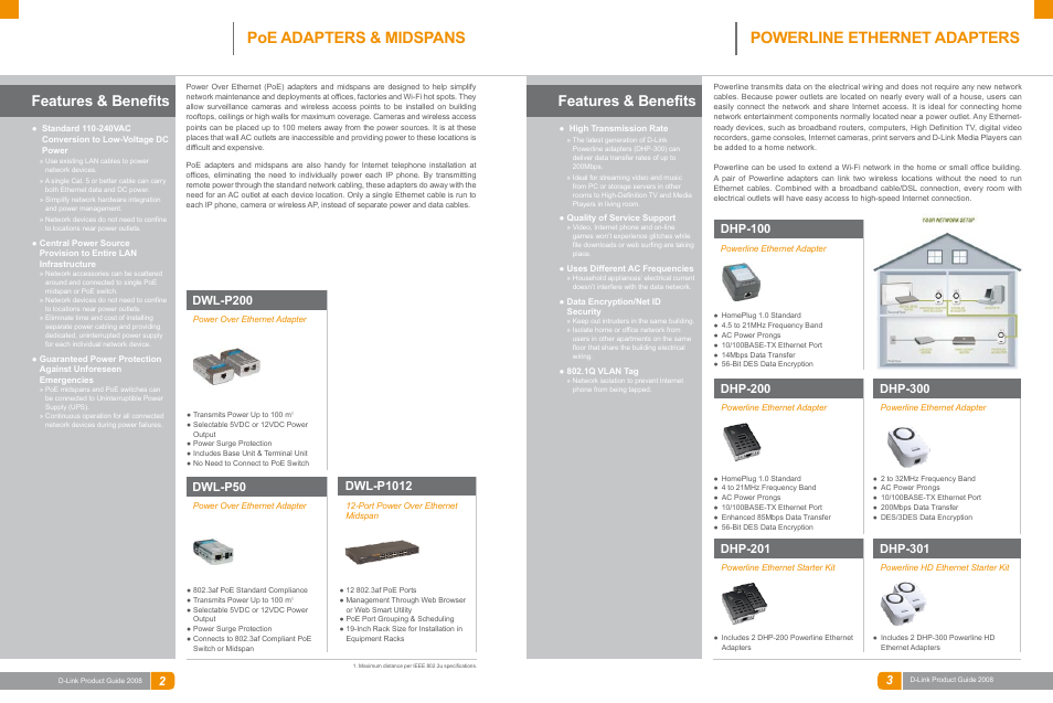 Power over ethernet, Powerline, Poe adapters & midspans | Powerline ethernet adapters, Features & benefits, Dwl-p50, Dwl-p1012, Dwl-p200, Dhp-200, Dhp-300 | D-Link DAS-3324G User Manual | Page 41 / 55