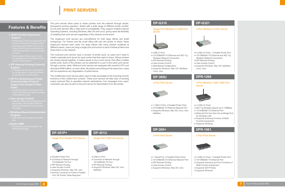 Peripheral sharing, Print servers, Features & benefits | Dp-g310, Dp-g321, Dp-300u, Dp-301p, Dp-301u, Dp-300, Dpr-1260 | D-Link DAS-3324G User Manual | Page 43 / 55