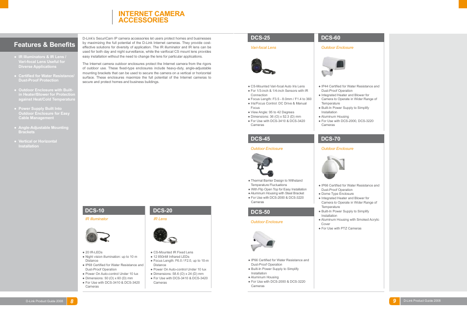 Surveillance, Internet camera accessories, Features & benefits | Dcs-25, Dcs-60, Dcs-45, Dcs-10, Dcs-20, Dcs-50, Dcs-70 | D-Link DAS-3324G User Manual | Page 44 / 55