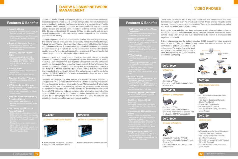 Network management, Video conference, D-view 6.0 snmp network management | Video phones, Features & benefits, Dv-600p, Dv-600s, Dvc-2000, Dvc-20, Dvc-1000 | D-Link DAS-3324G User Manual | Page 46 / 55