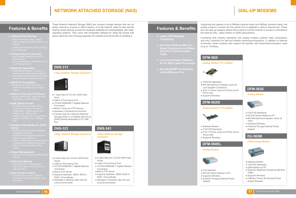 Storage, Analog modems, Network attached storage (nas) | Dial-up modems, Features & benefits, Dns-323, Dns-343, Dns-313, Dfm-560el, Du-562m | D-Link DAS-3324G User Manual | Page 48 / 55