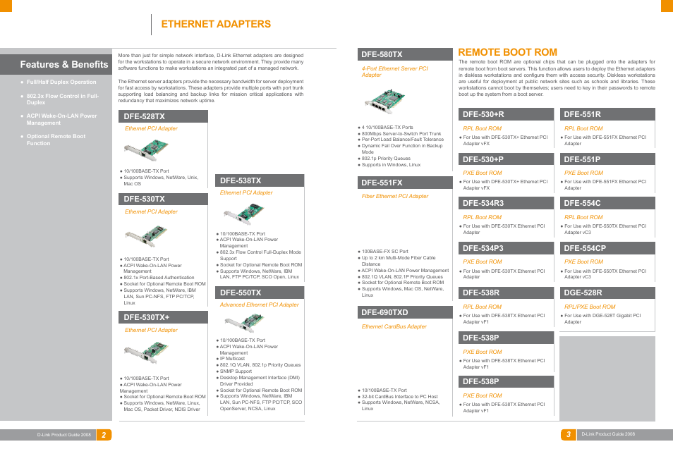 Wired ethernet, Ethernet adapters, Remote boot rom | Features & benefits, Dfe-550tx, Dfe-538tx, Dfe-530tx, Dfe-528tx, Dfe-580tx, Dfe-551fx | D-Link DAS-3324G User Manual | Page 49 / 55
