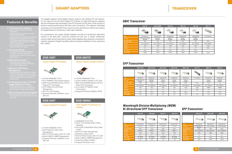 Wired ethernet, Gigabit adapters transceiver, Features & benefits | Gbic transceiver, Xfp transceiver, Sfp transceiver, Dge-560sx, Dge-660td, Dge-528t, Dge-530t | D-Link DAS-3324G User Manual | Page 50 / 55