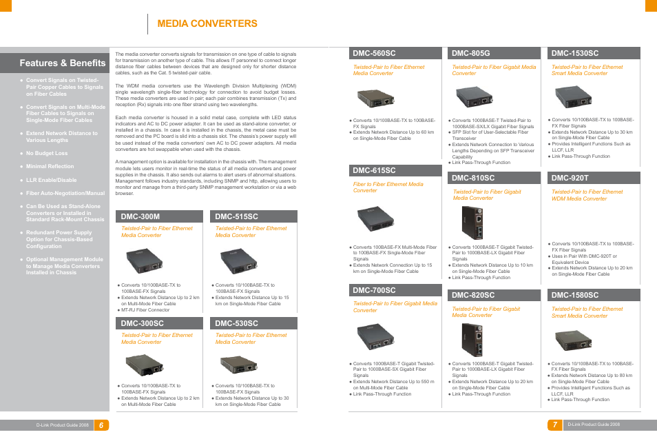 Wired ethernet, Media converters, Features & benefits | Dmc-515sc, Dmc-300m, Dmc-530sc, Dmc-300sc, Dmc-560sc, Dmc-805g, Dmc-615sc | D-Link DAS-3324G User Manual | Page 51 / 55