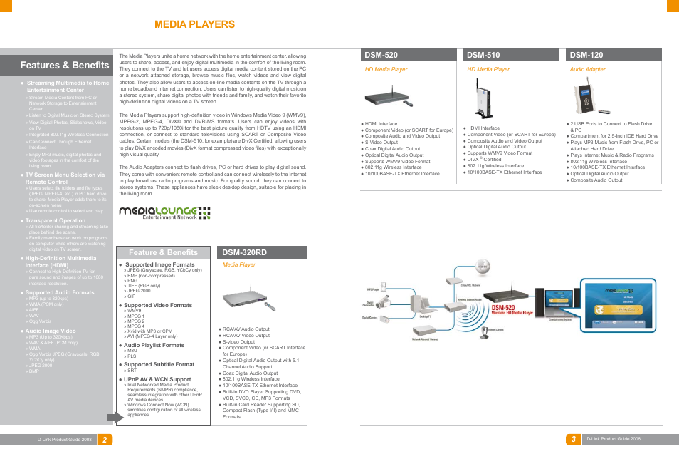 Multimedia, Media players, Features & benefits | Dsm-320rd, Dsm-520, Dsm-510, Dsm-120, Feature & benefits | D-Link DAS-3324G User Manual | Page 53 / 55