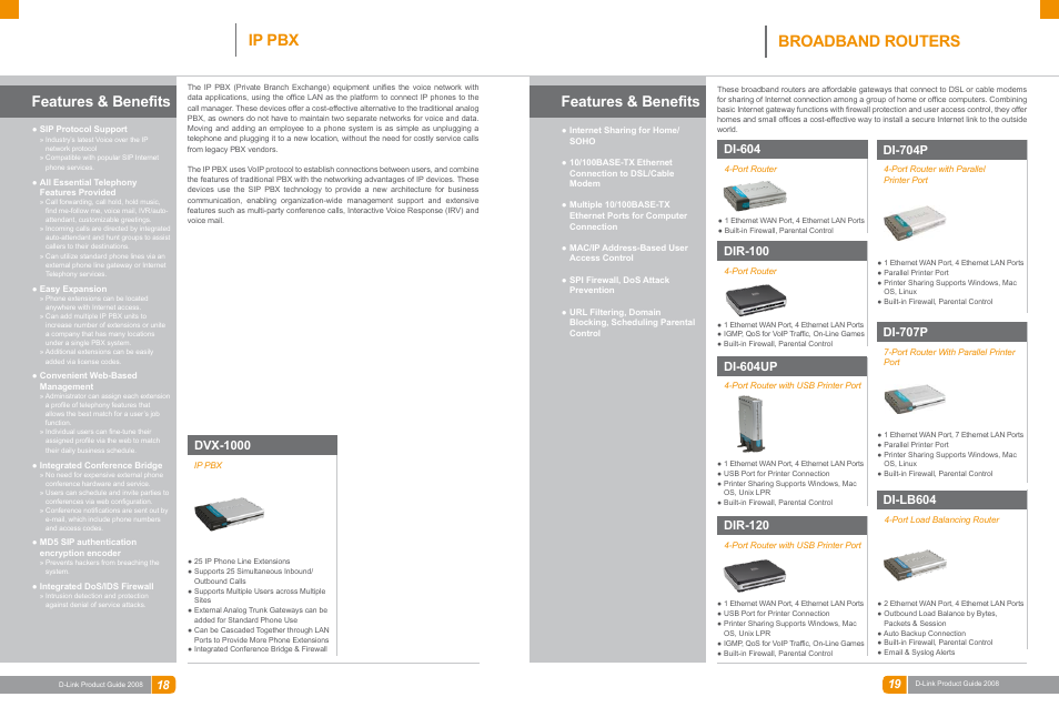 Broadband, Ip pbx broadband routers, Features & benefits | Dvx-1000, Di-604, Di-704p, Dir-100, Di-707p, Di-604up, Di-lb604 | D-Link DAS-3324G User Manual | Page 9 / 55